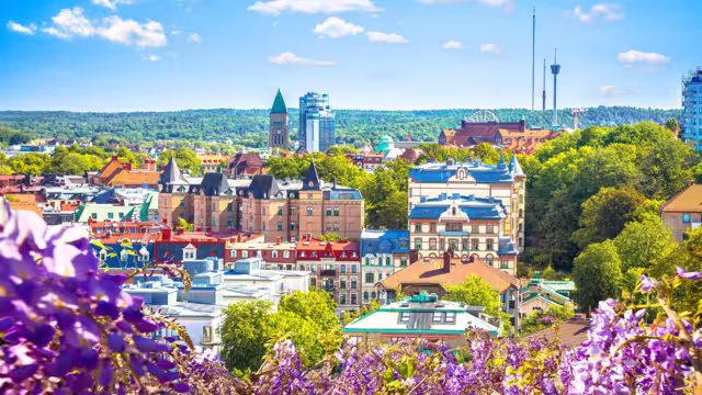 City of Gothenburg rooftops panoramic flower frame  view, Vastra Gotaland County of Sweden