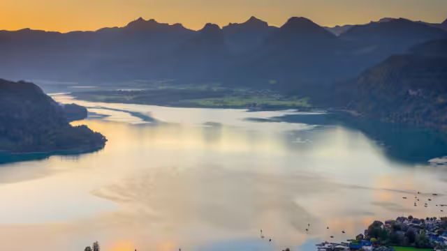 Sunrise over Wolfgangsee and view towards Bad Ischl