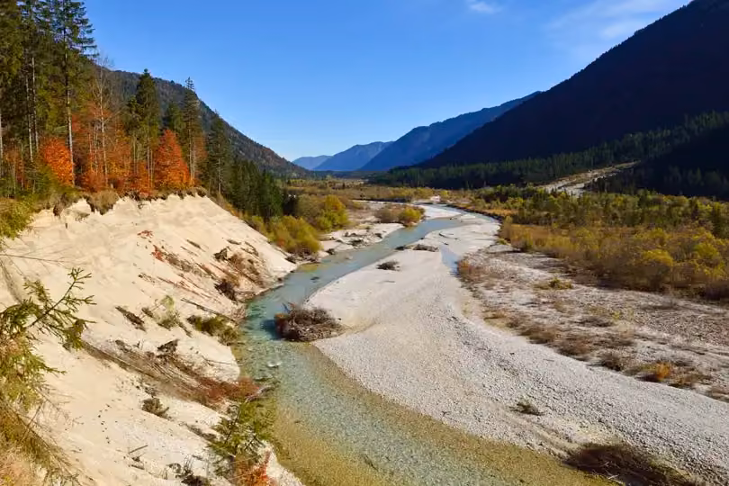 estx_0113161545.jpg, view over Isar river and valley, Karwendel nature reserve, Bavaria, Germany, Europe