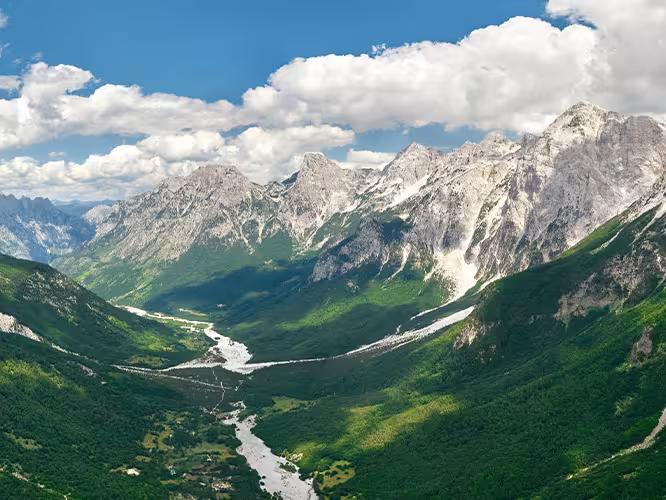 Panoramic view of the Albanian Alps and Valbona Valley landscape, Albania