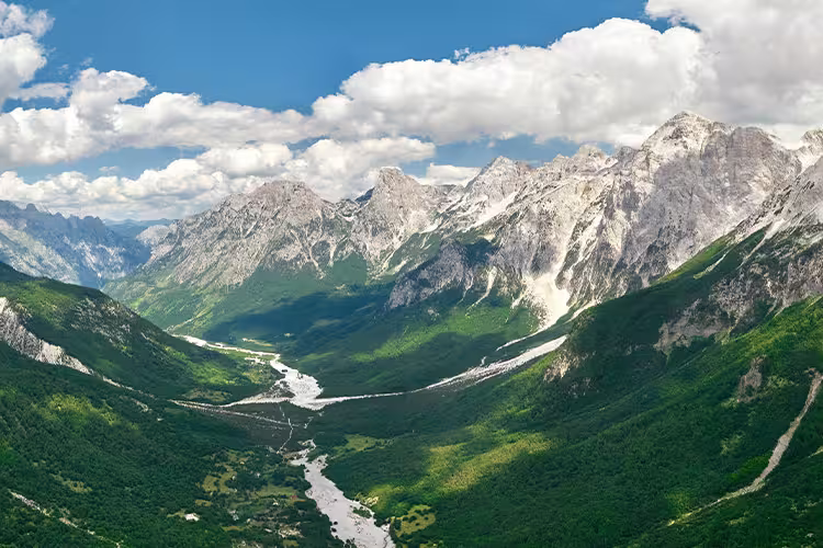 Panoramic view of the Albanian Alps and Valbona Valley landscape, Albania