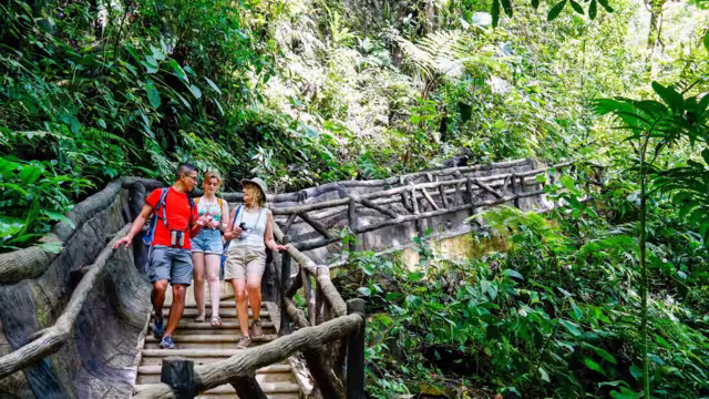 Traveller group with leader walking along bridge at La Fortuna Waterfall, Costa Rica