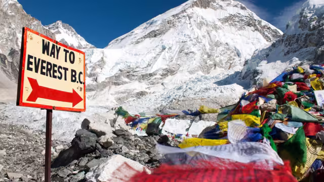 Wegweise zum Everest Base Camp vor Bergkulisse