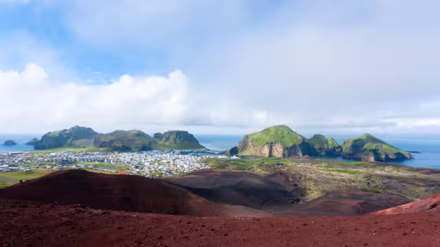 The view atop Heimaey Island from Eldfell Volcano lava fields