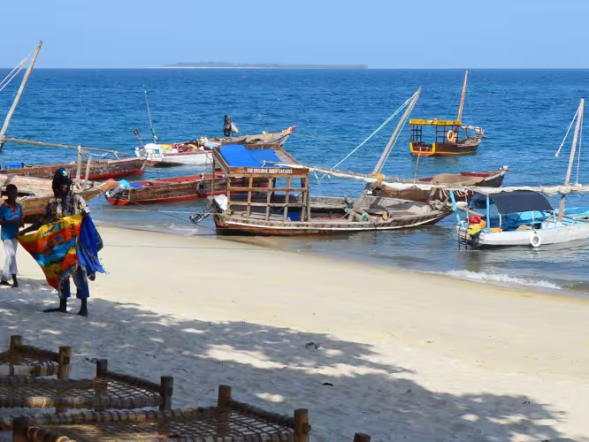 Fishing boats moored on the beaches of Zanzibar