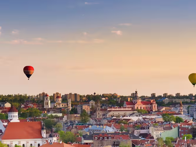 Panorama of Vilnius with hot air balloons