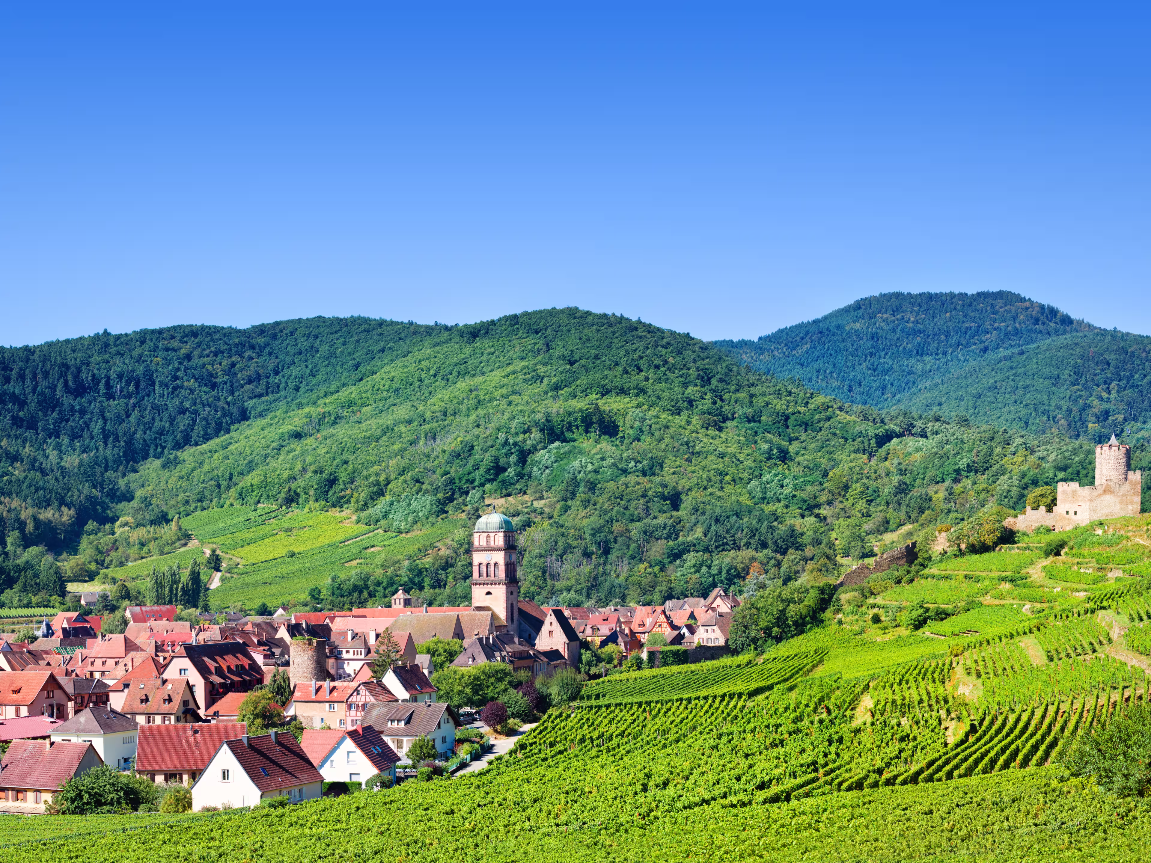 Aerial view to Kaysersberg village and Vosges mountains in the backgroung