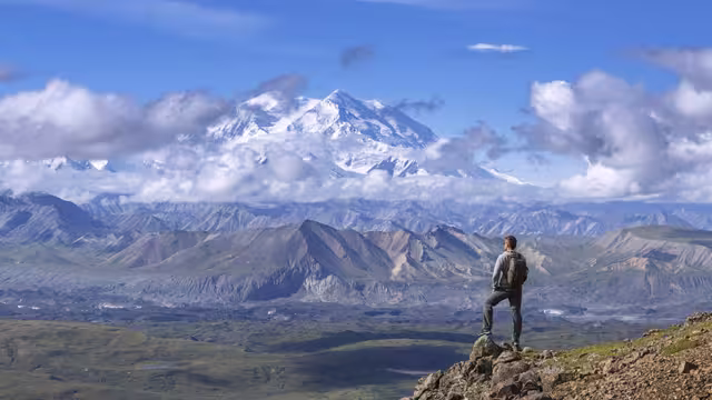 SAXD - Hiker in front of mountains in Denali National Park, Alaska
