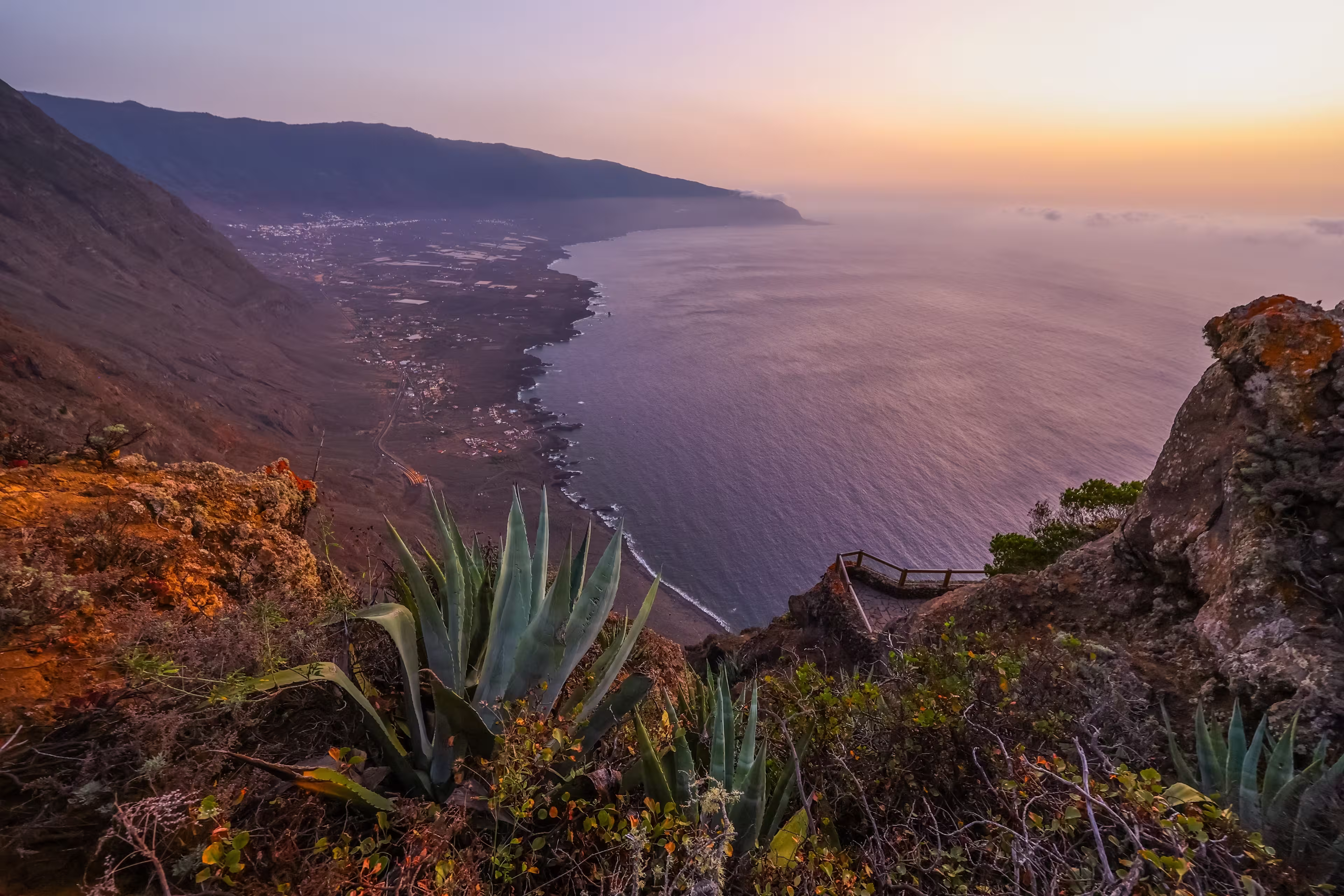 Scenic sunset view of El Hierro Island coast, seen from Mirador La Pena, Canary Islands, Spain, Europe