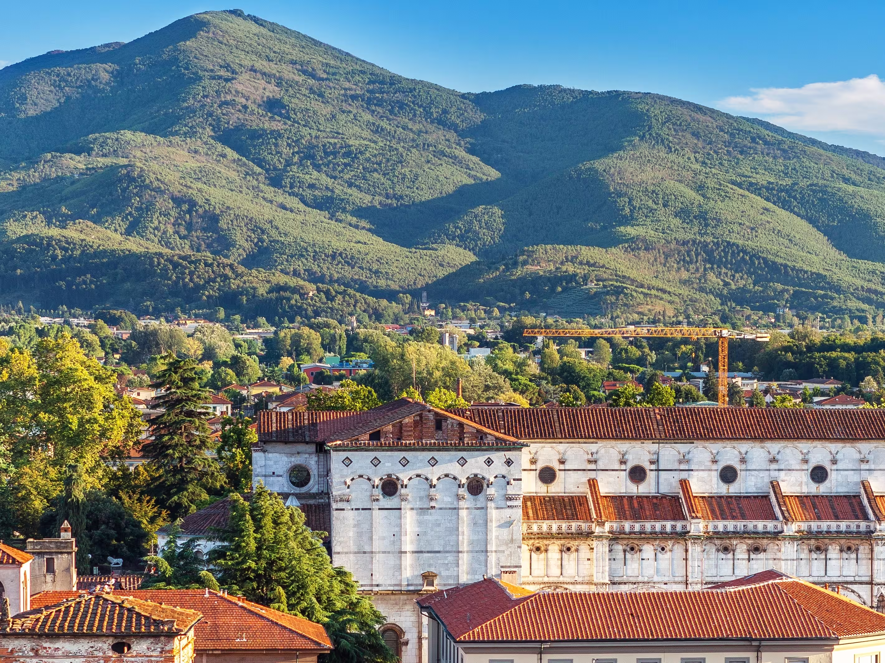 Vivid rooftops of old city Lucca with background of colorful green mountains range, Tuscany Italy. Italian ancient cathedral of Saint Martin.