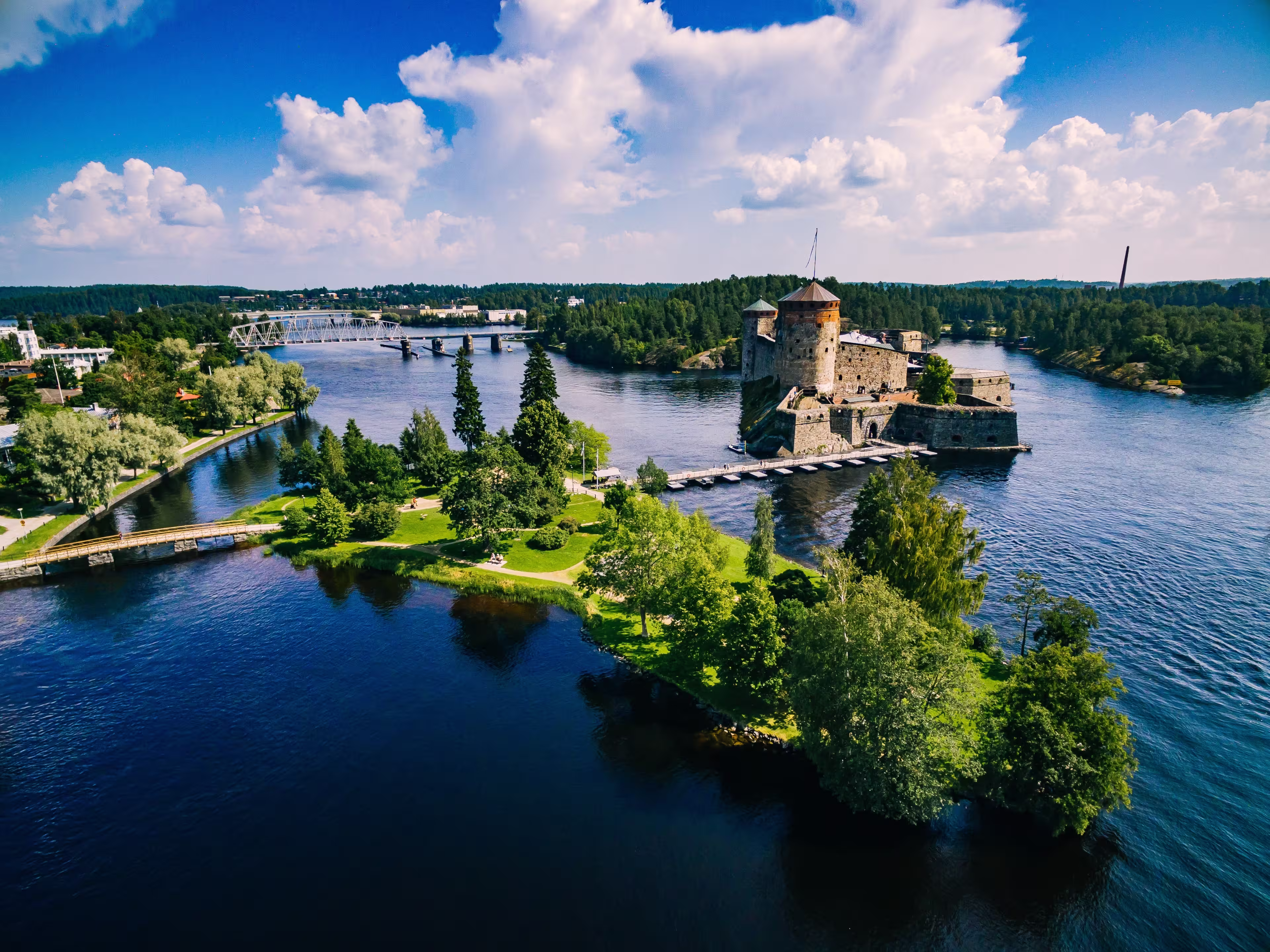 Aerial view of olavinlinna medieval castle in Savonlinna, Finland. Drone photography