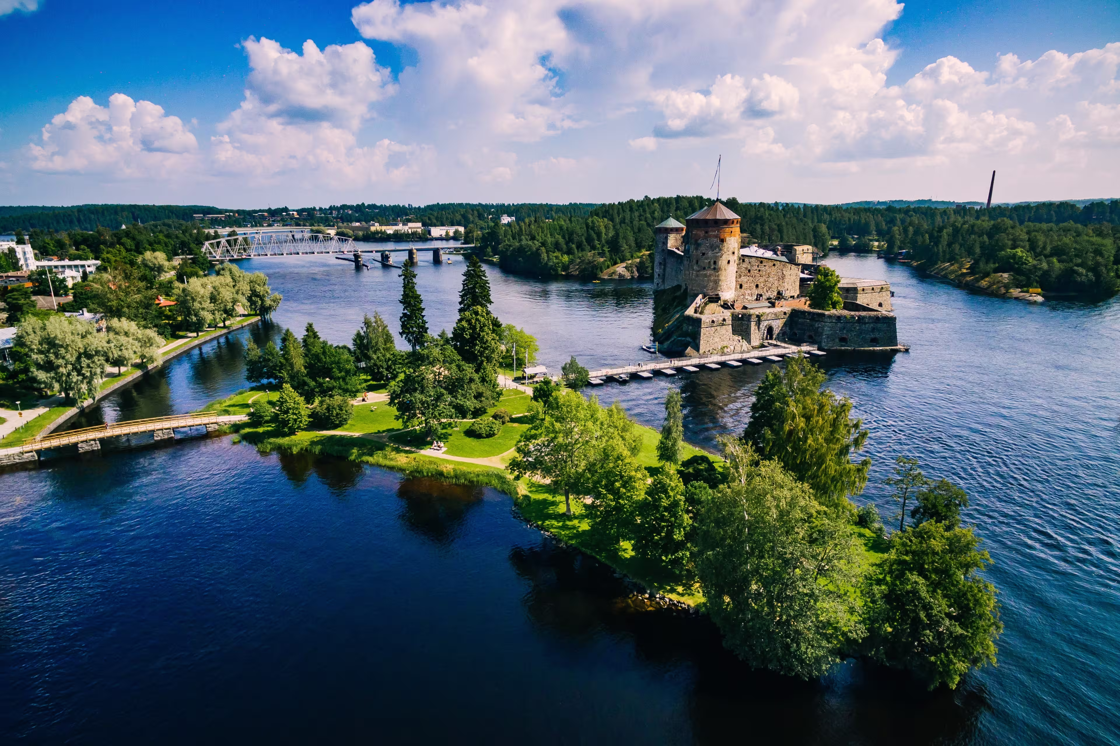 Aerial view of olavinlinna medieval castle in Savonlinna, Finland. Drone photography