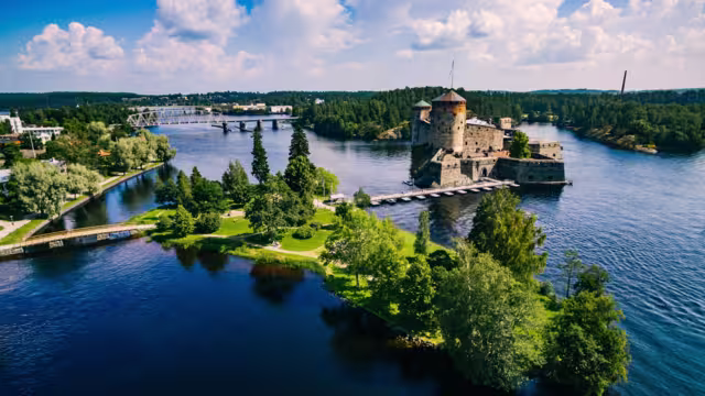 Aerial view of olavinlinna medieval castle in Savonlinna, Finland. Drone photography