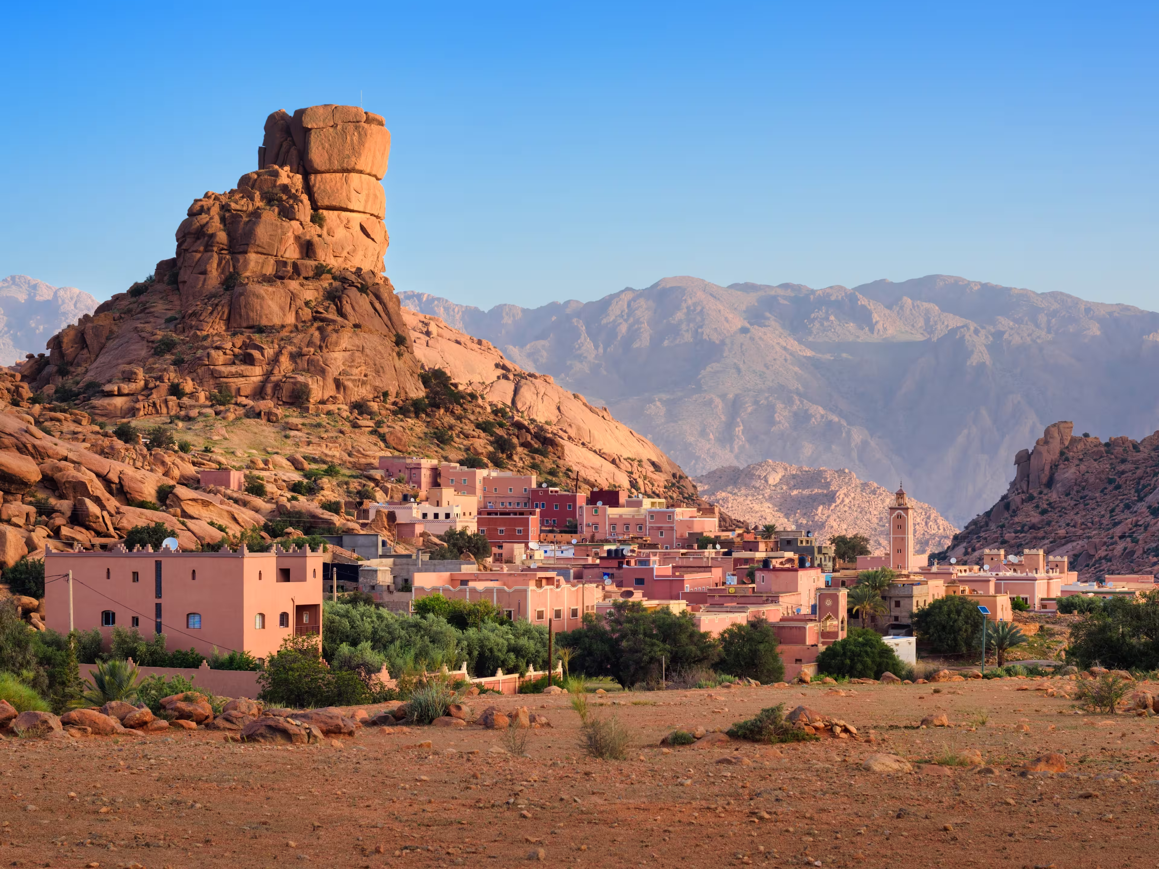 Tafraout town with impressive Napoleon's Hat rock in Tiznit province is an important travel destination and main landmark in Souss-Massa region, Atlas mountains, Morocco