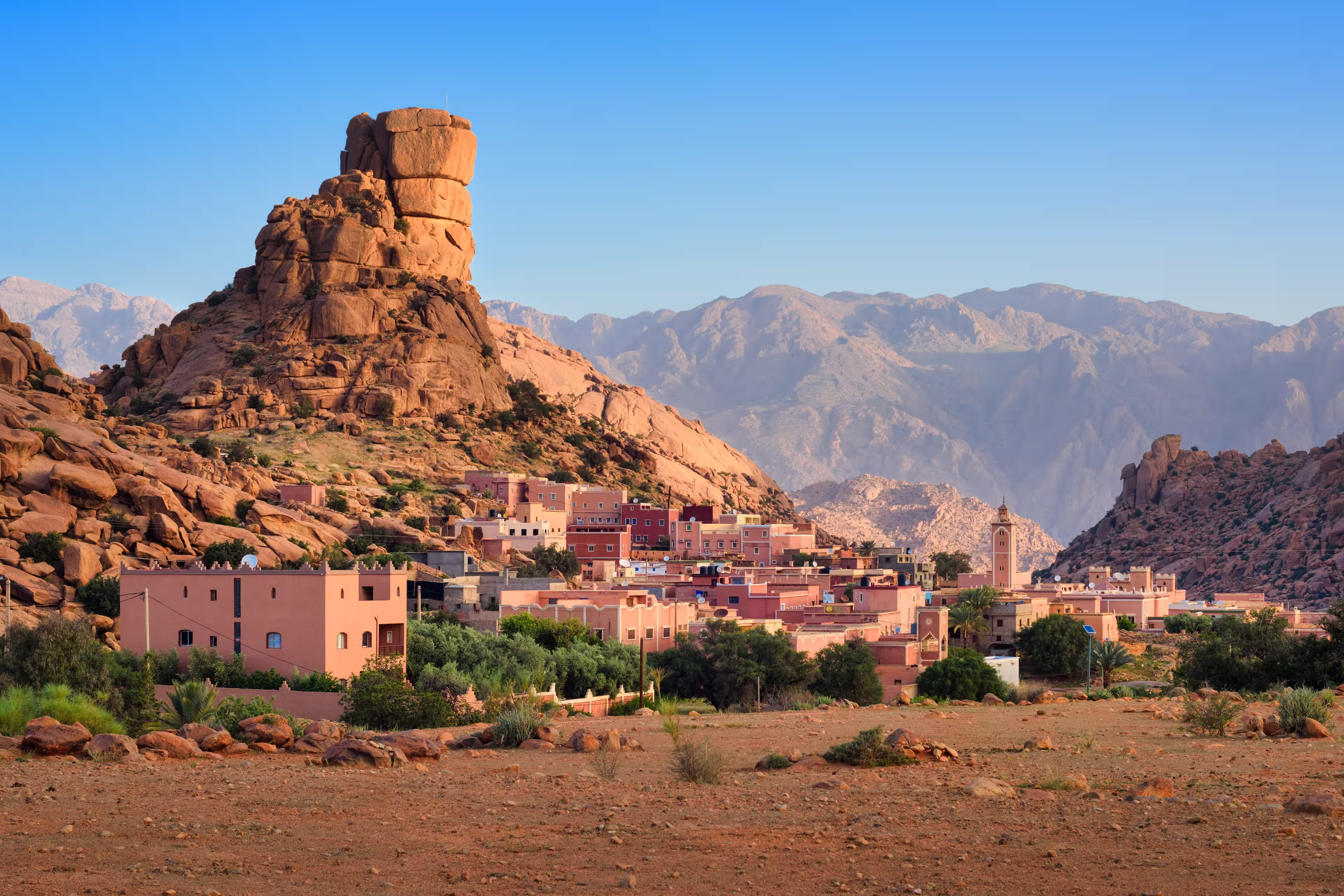 Tafraout town with impressive Napoleon's Hat rock in Tiznit province is an important travel destination and main landmark in Souss-Massa region, Atlas mountains, Morocco