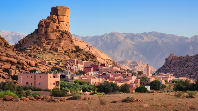 Tafraout town with impressive Napoleon's Hat rock in Tiznit province is an important travel destination and main landmark in Souss-Massa region, Atlas mountains, Morocco