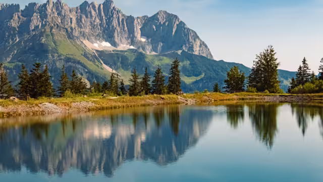 Alpine summer view with reflections and Mount Wilder Kaiser at Mount Astberg, Going, Kitzbuehel, Tyrol, Austria