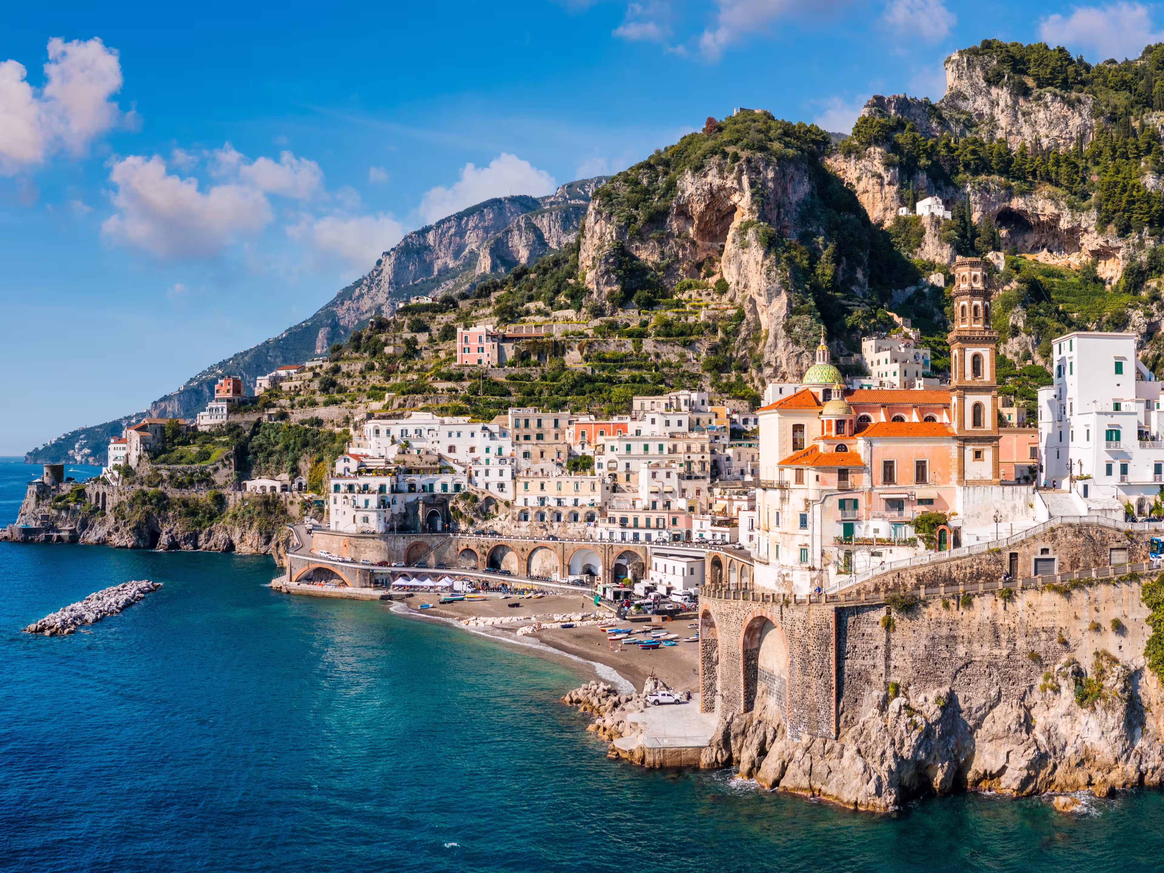 Aerial view of Atrani famous coastal village located on Amalfi Coast, Italy. Small town Atrani on Amalfi Coast in province of Salerno, Campania region, Italy. Atrani town on Amalfi coast, Italy.