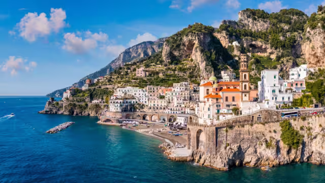Aerial view of Atrani famous coastal village located on Amalfi Coast, Italy. Small town Atrani on Amalfi Coast in province of Salerno, Campania region, Italy. Atrani town on Amalfi coast, Italy.