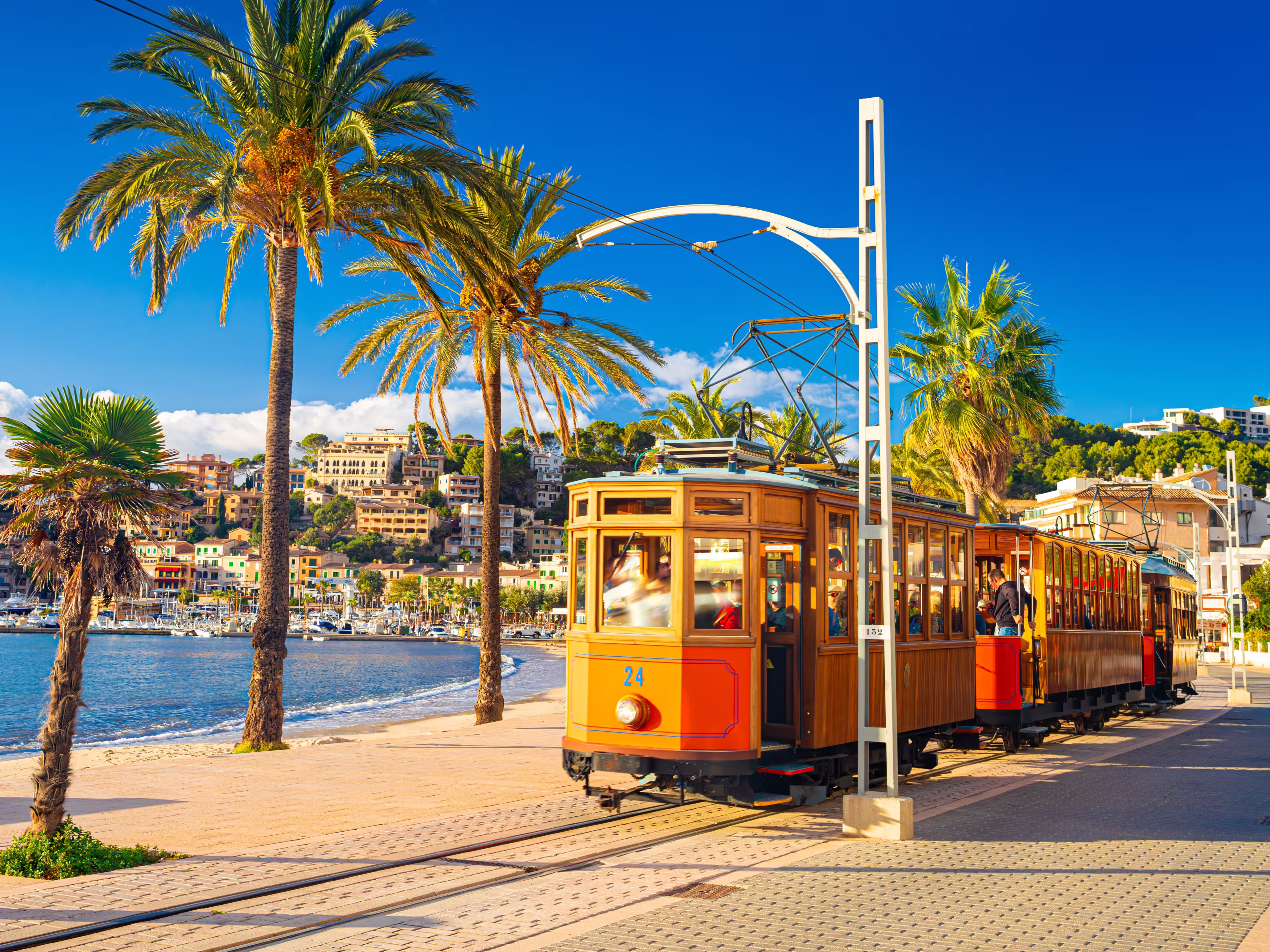 The famous orange tram runs from Soller to Port de Soller, Mallorca, Spain