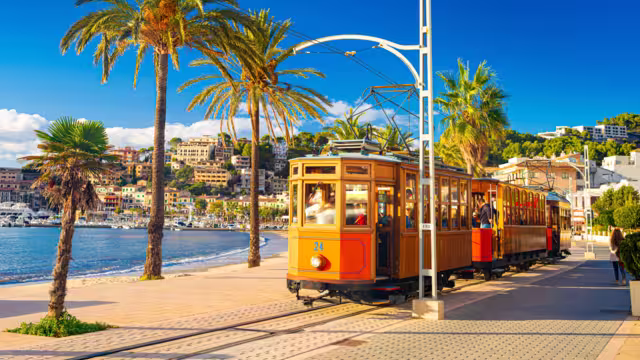 The famous orange tram runs from Soller to Port de Soller, Mallorca, Spain