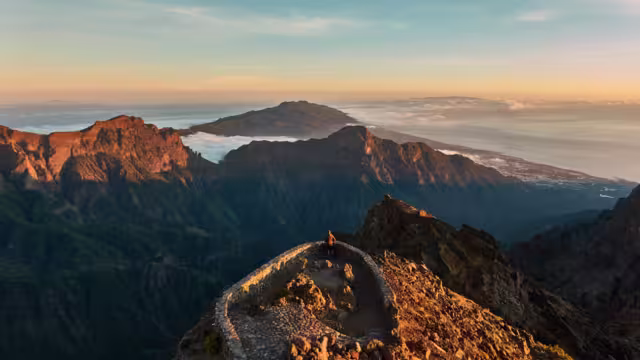 Panoramic views from the Roque de los Muchachos of the Caldera de Taburiente National Park, the Cumbre Vieja Natural Park, Tenerife, La Gomera and El Hierro on the island of La Palma. Canary Islands.