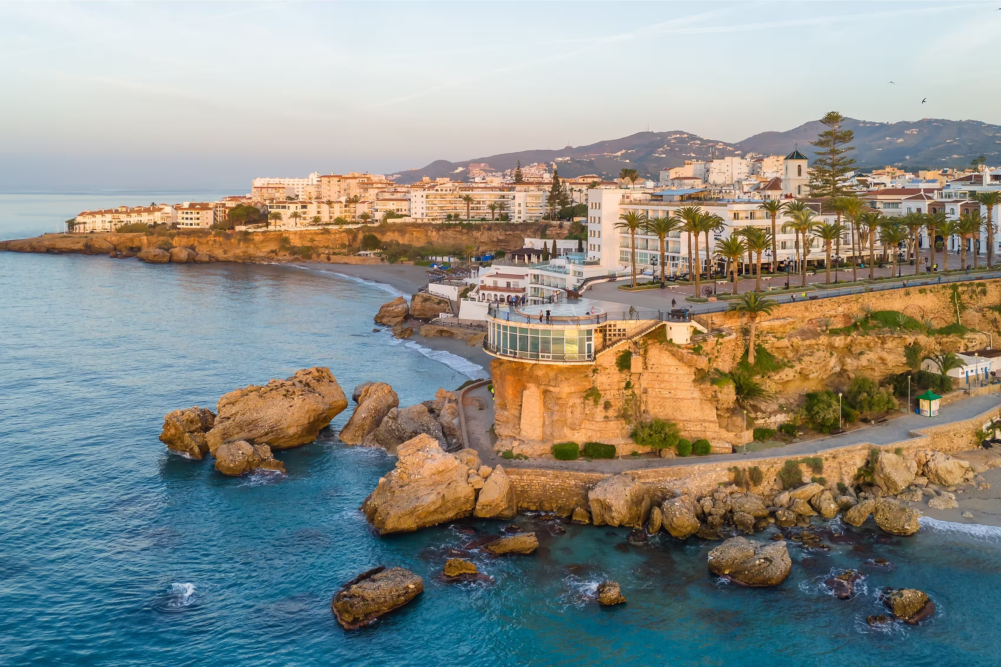Aerial view of the famous mirador view point Balcon de Europa in Nerja resort town on Costa del Sol Mediterranean sea coast at sunrise in Andalusia, Spain