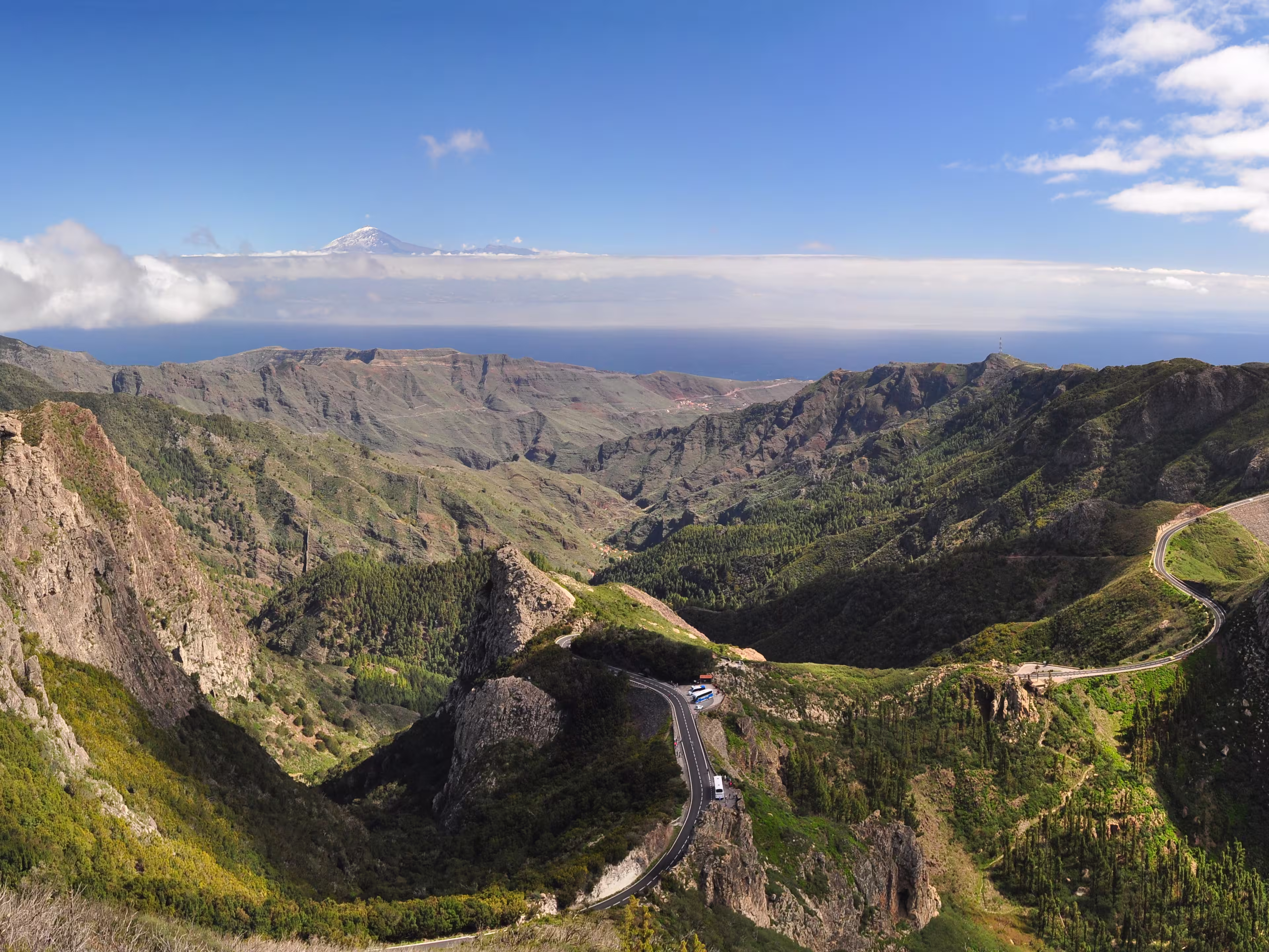 Panoramic picture mountains on the island La Gomera on the Canary Islands in Spain - in the background the Teide on Tenerife