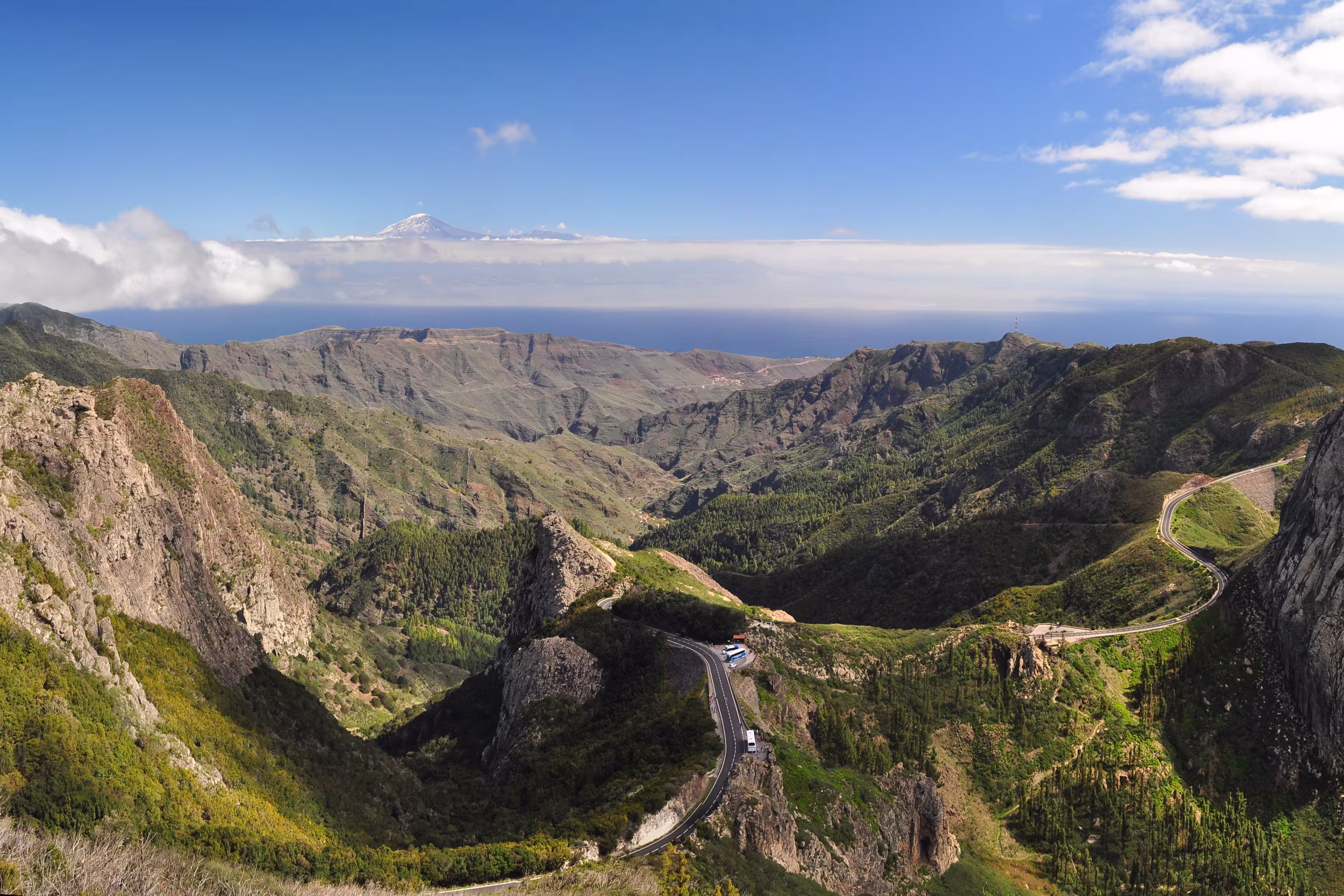 Panoramic picture mountains on the island La Gomera on the Canary Islands in Spain - in the background the Teide on Tenerife