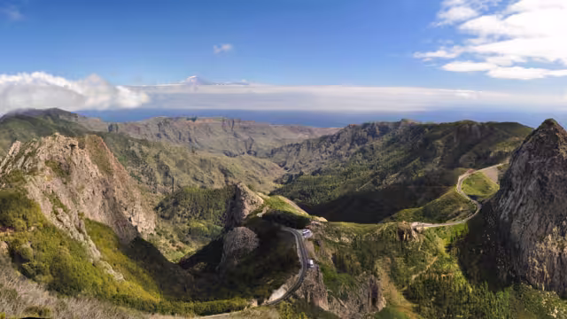 Panoramic picture mountains on the island La Gomera on the Canary Islands in Spain - in the background the Teide on Tenerife