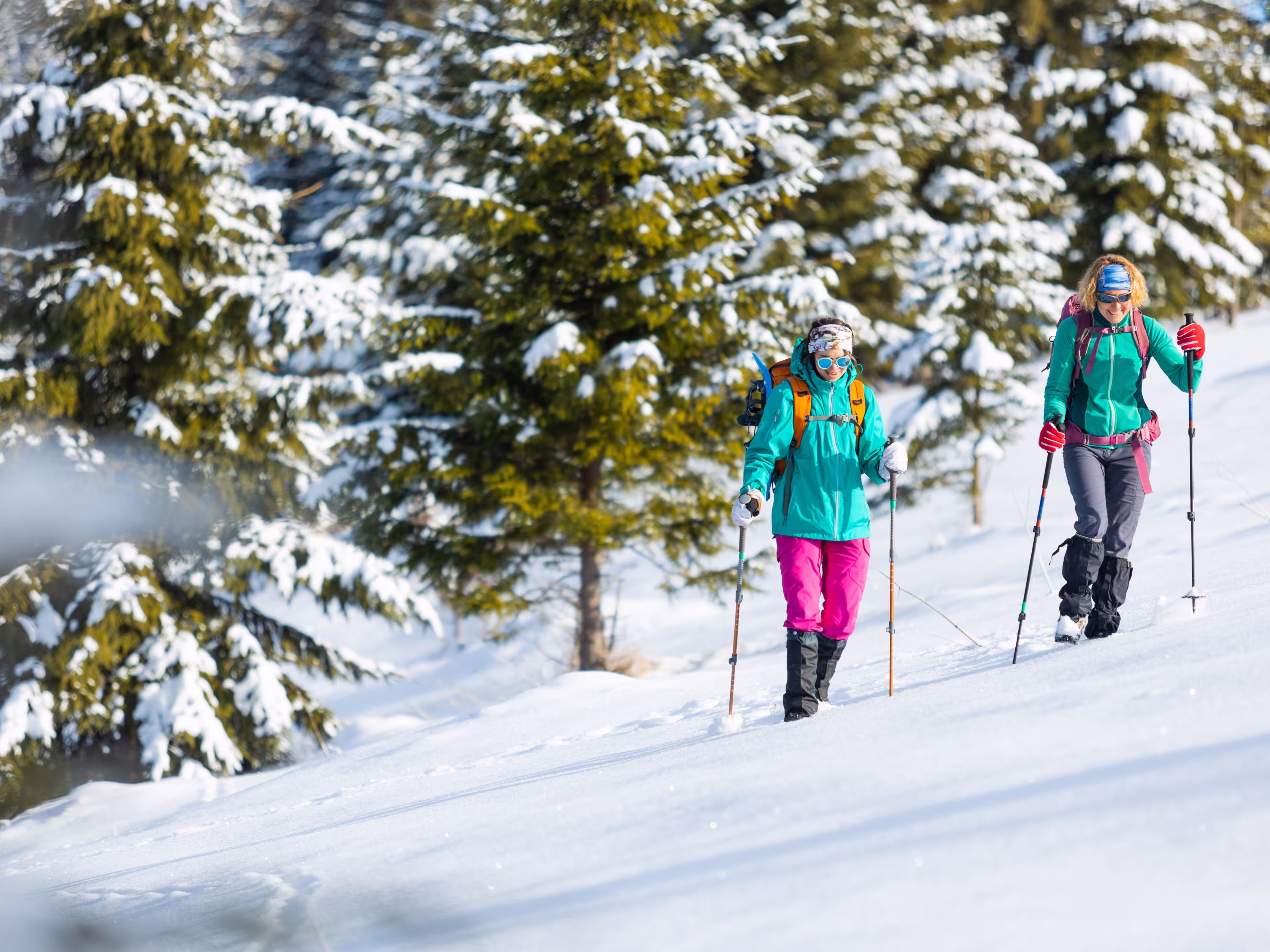 Two women walk through the snow on a winter hike, two in the mountains in winter, hiking equipment, snowshoes