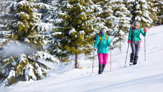 Two women walk through the snow on a winter hike, two in the mountains in winter, hiking equipment, snowshoes