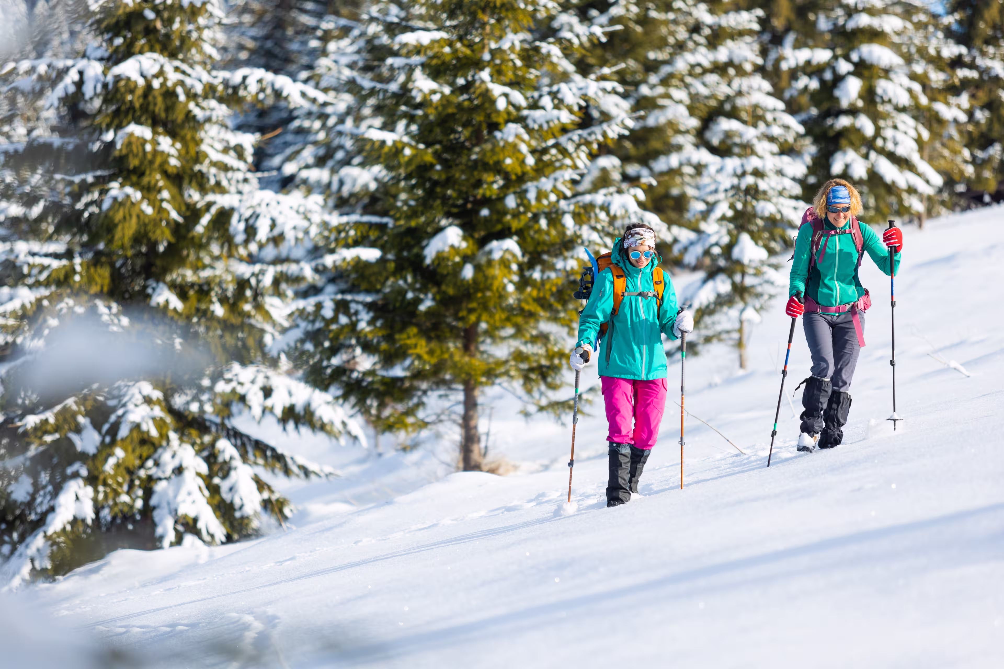Two women walk through the snow on a winter hike, two in the mountains in winter, hiking equipment, snowshoes