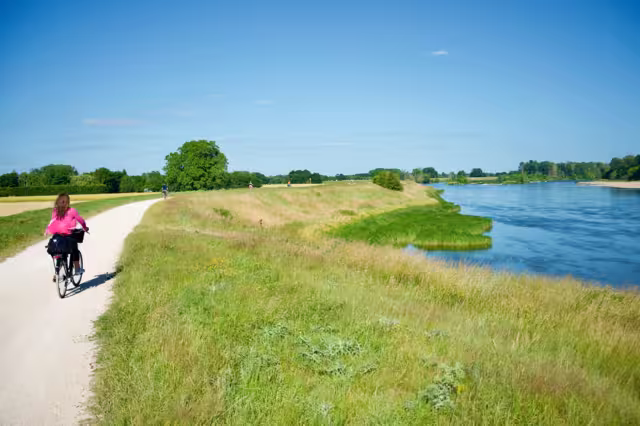 View on a path following the river Loire with cyclists in summer