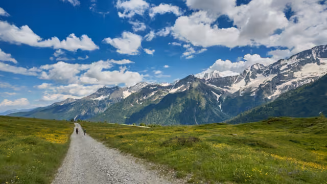 View and panorama of the mountains of Val Di Sole, with snow-capped mountain peaks in summer
