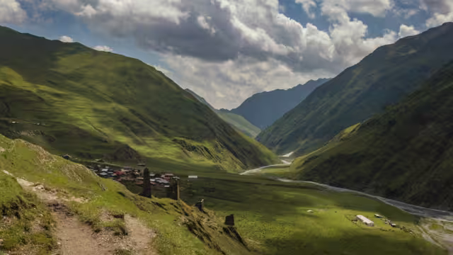 Beautiful landscape around Giveri village in Georgia. Omalo Shatili trek.
