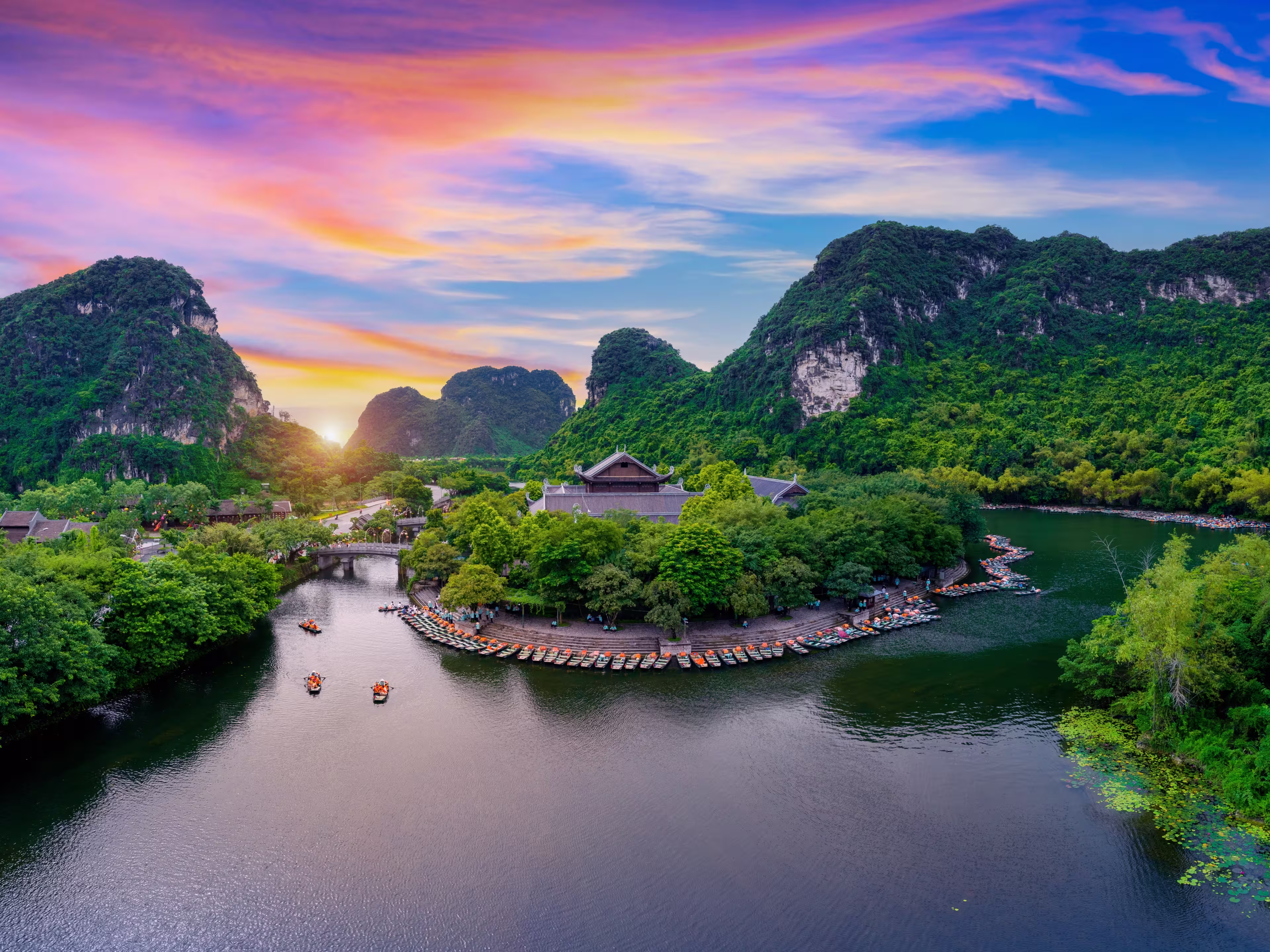 Aerial view of Trang An landscape at Ninh Binh, Vietnam.