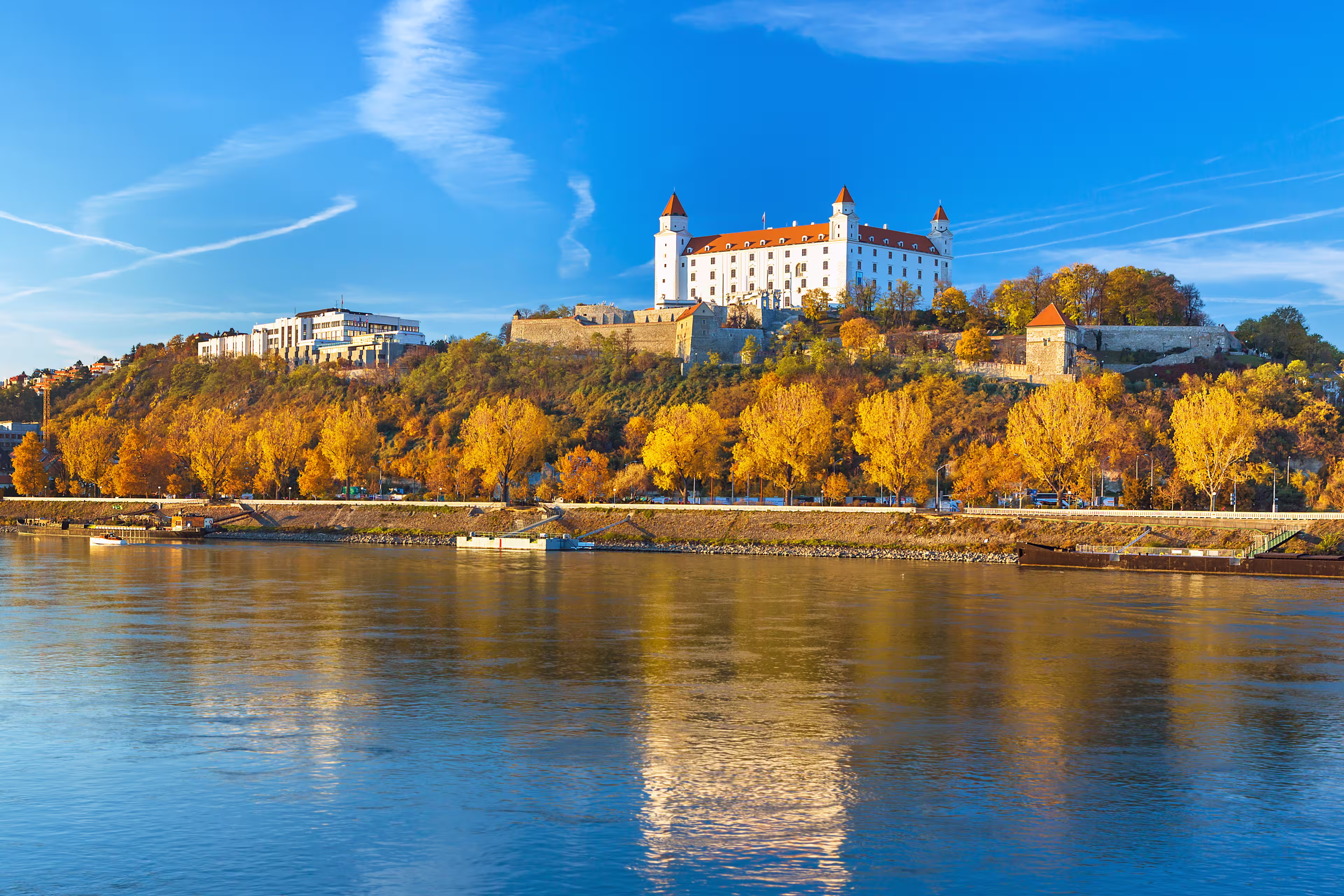 Bratislava castle,parliament and Danube river at beautiful fall day,Bratislava,Slovakia