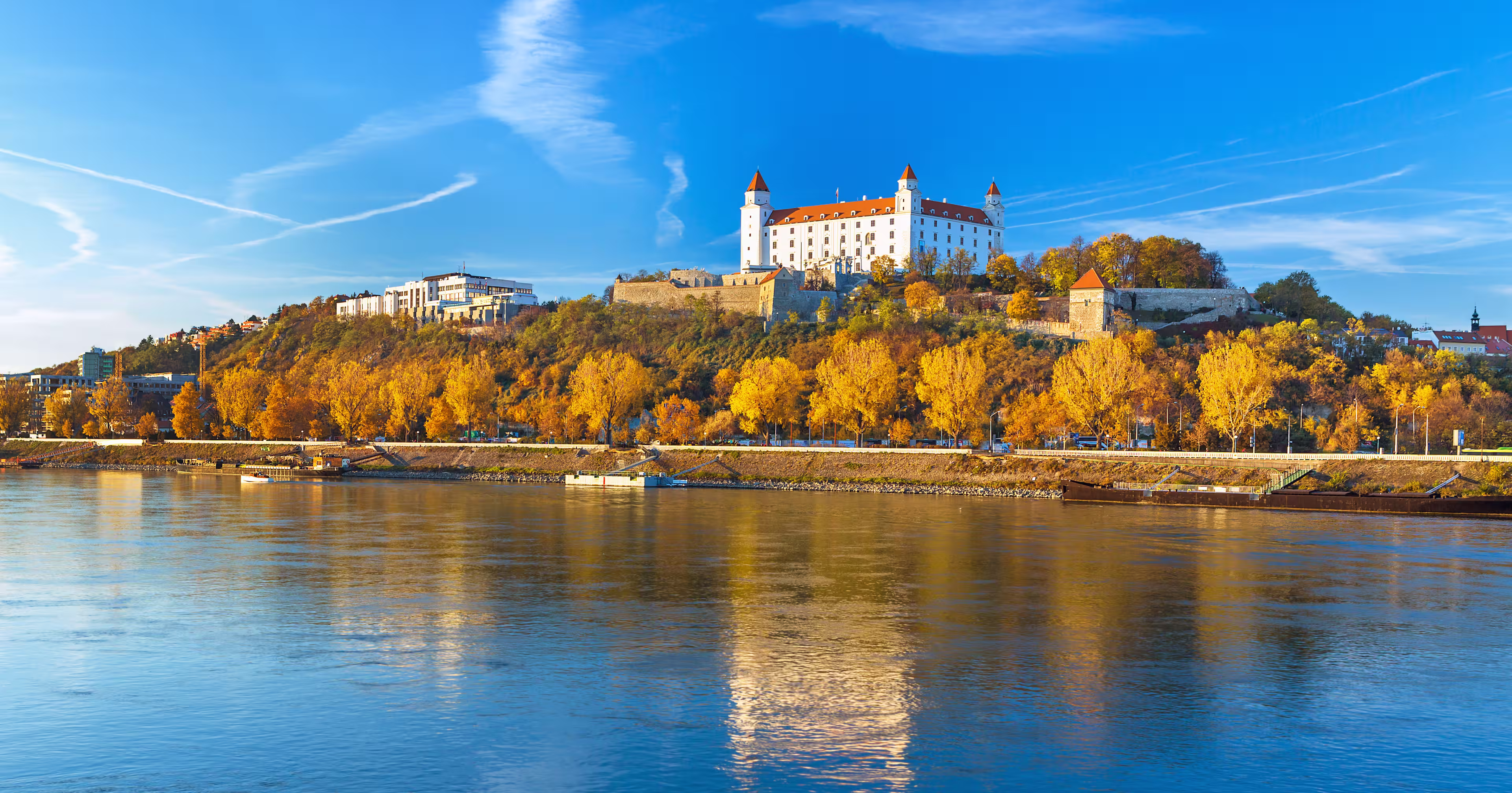 Bratislava castle,parliament and Danube river at beautiful fall day,Bratislava,Slovakia