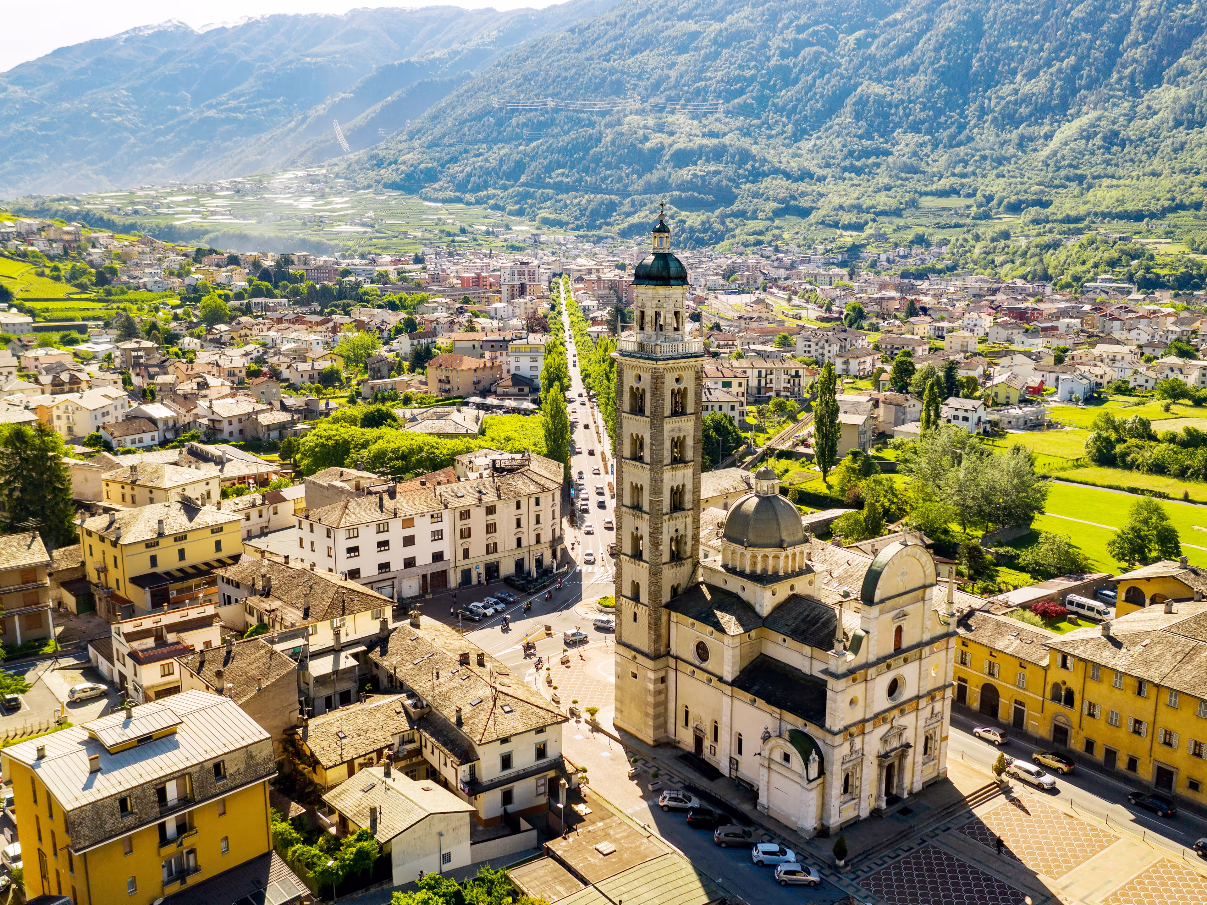 Tirano - Valtellina (IT) - Aerial view of the city and the Sanctuary of the Blessed Virgin