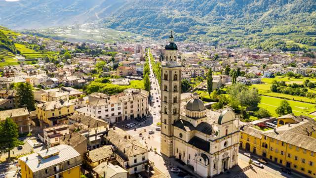Tirano - Valtellina (IT) - Aerial view of the city and the Sanctuary of the Blessed Virgin