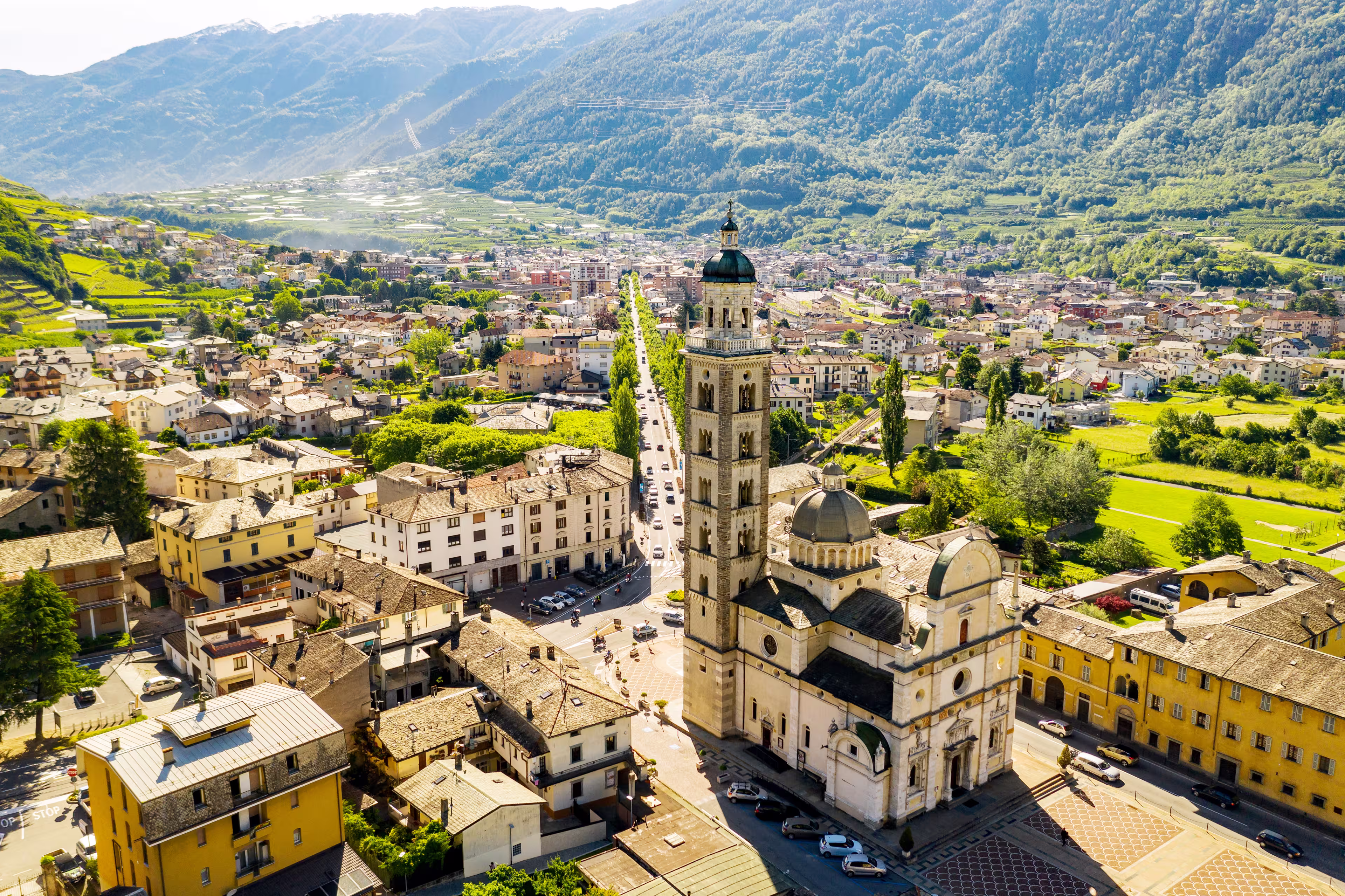 Tirano - Valtellina (IT) - Aerial view of the city and the Sanctuary of the Blessed Virgin
