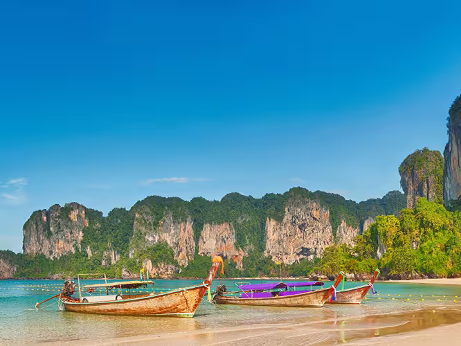 Panorama of Railay Beach with Thai boats, Thailand
